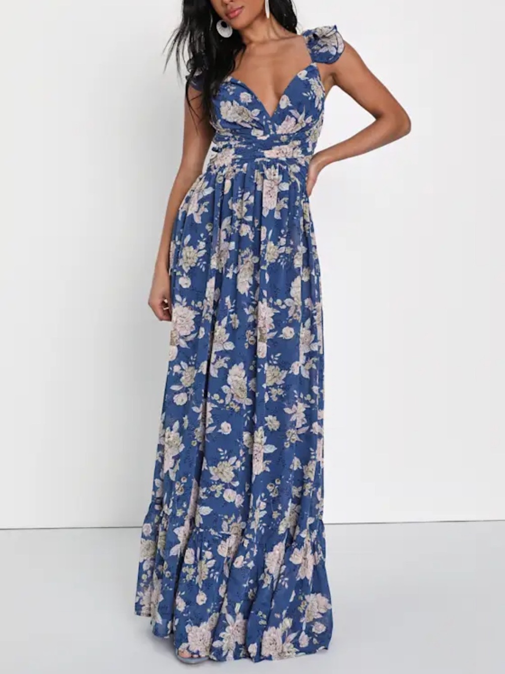 Lulus - Soiree Celebration Blue Floral Ruffled Lace-Up Maxi Dress